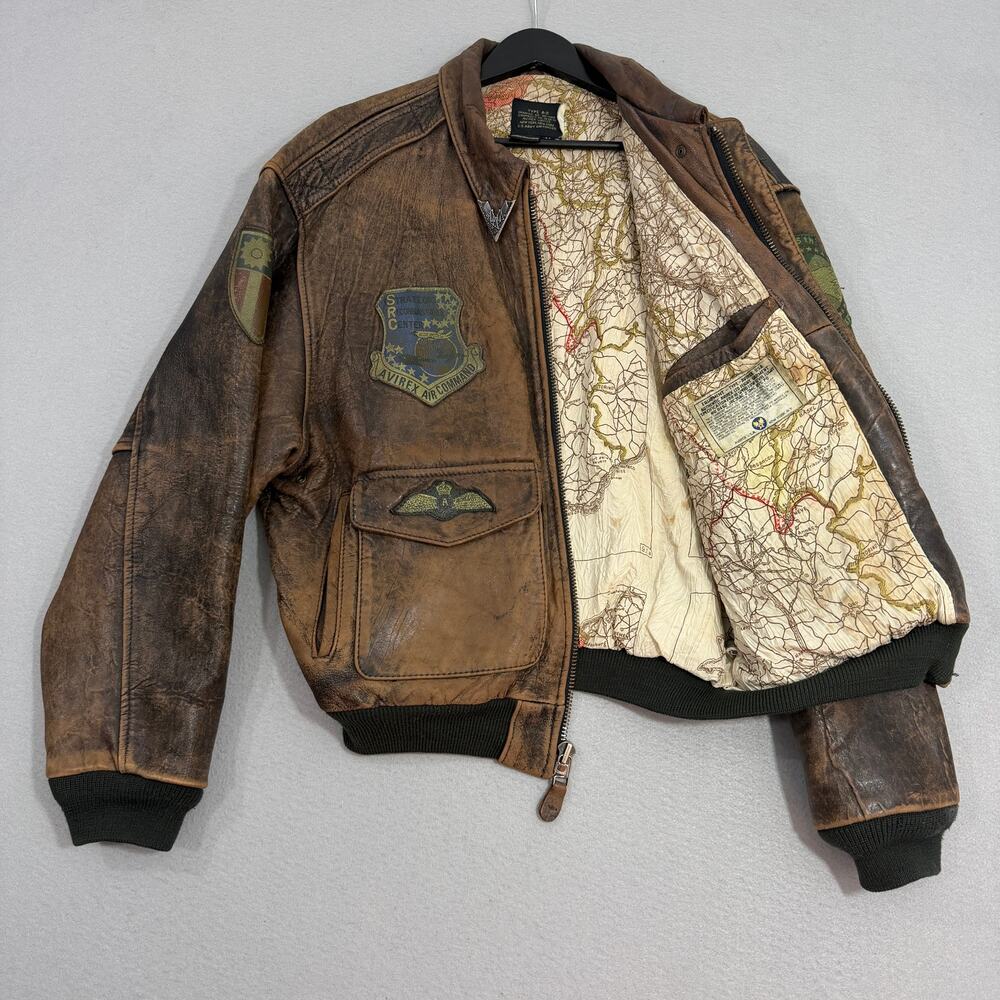 Vintage Avirex Old Leather A-2 Bomber Jacket Medium Europe Map Lining Patches - Picture 11 of 15